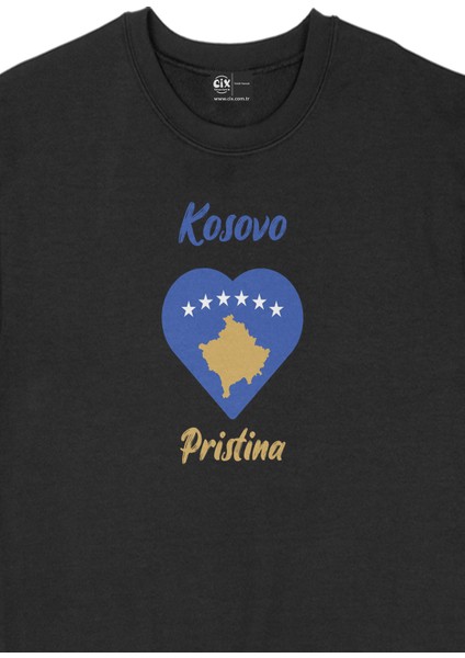 Piriştine Kosova Bayraklı Kalpli Siyah Sweatshirt