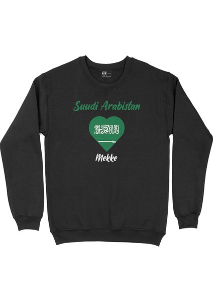 Mekke Suudi Arabistan Bayraklı Kalpli Siyah Sweatshirt