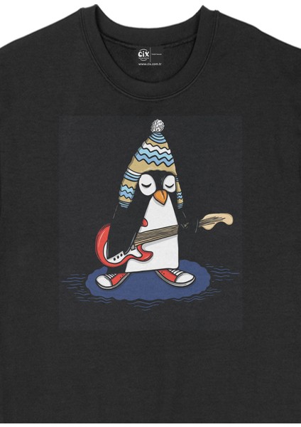 Şapkalı Gitarcı Rocker Penguen Siyah Sweatshirt