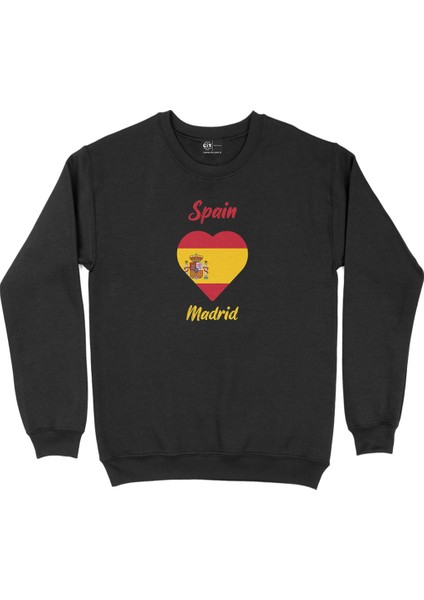 Madrid Ispanya Bayraklı Kalpli Siyah Sweatshirt