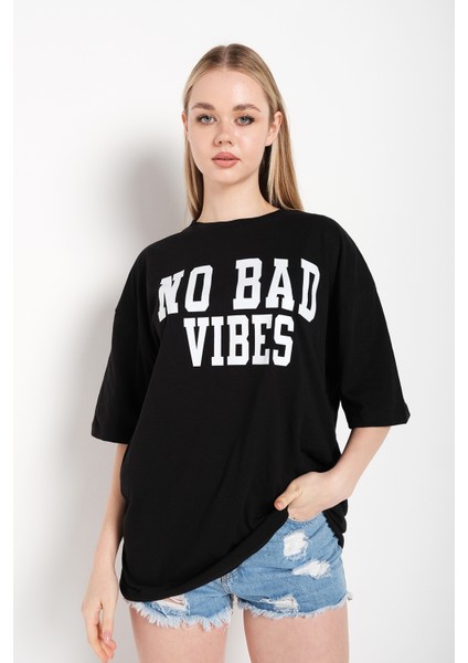 Kadın No Bad Vıbes Baskılı Oversize T-Shirt