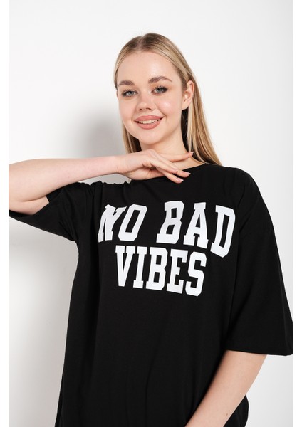 Kadın No Bad Vıbes Baskılı Oversize T-Shirt