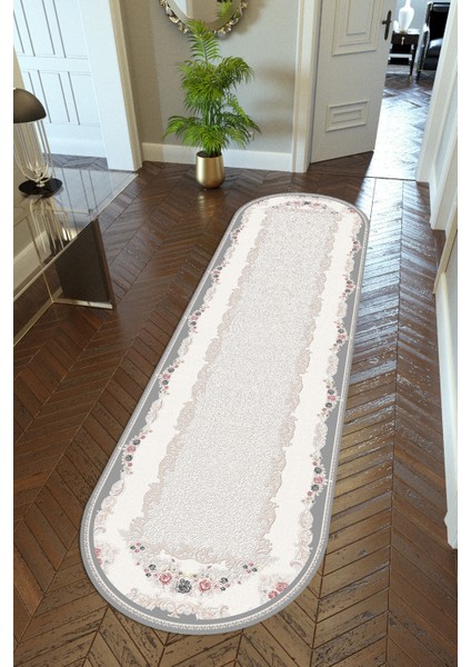 oval Yolluk Bej Ekru Dijital Baskı Kaymaz Yuvarlak Oval Kesme Ince Yıkanabilir Halı