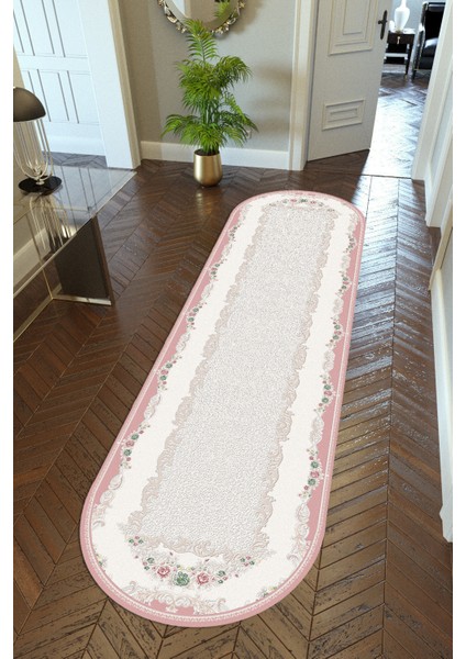 oval Yolluk Pembe Ekru Dijital Baskı Kaymaz Yuvarlak Oval Kesme Ince Yıkanabilir Halı