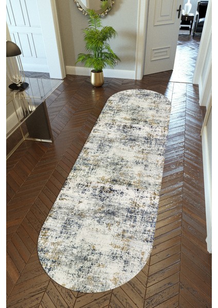 oval Yolluk Ekru Dijital Baskı Kaymaz Yuvarlak Oval Kesme Ince Yıkanabilir Halı