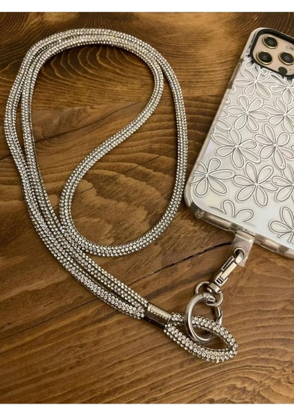 Trend Case Swarovski Taşlı Janjanlı Silver Gümüş Telefon Boyun Askısı Gümüş Taşlı Boyun Ipi