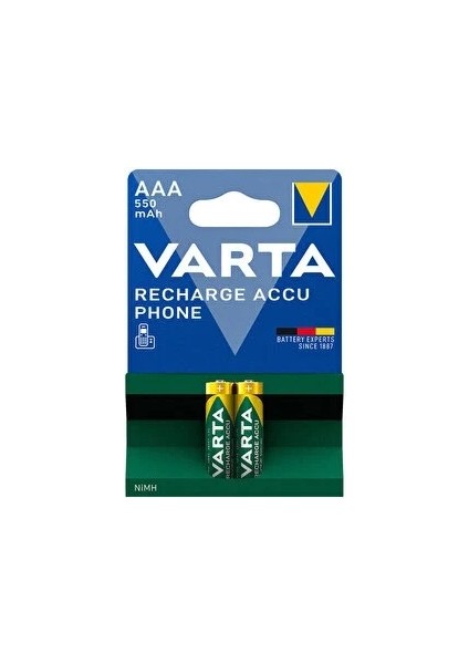 Philips Panasonik Grundig Siemens Telsiz Telefonlar Için Şarjlı Şarz Edilebilir Ince Aaa Pil Varta 550MAH 2'li Paket 1 Kart 2 Adet