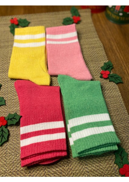 4lü Kadın Çorap Çember Desenli Renkli Kolej Çorap
