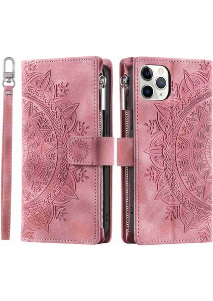 Mandala Çiçek Apple Iphone 11 Pro 5.8 Inç Için Baskılı Telefon Kasası, Fermuarlı Cep Cüzdanı Stand Çok Kart Yuvası Tam Koruma Pu Deri Telefon Kapağı Kayışlı (Yurt Dışından)