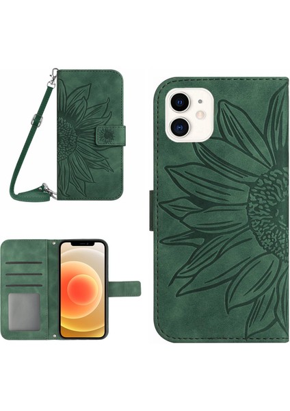 Apple Iphone 12 Mini 5.4 Inç HT04 Basılı Ayçiçeği Pu Deri Deri Touch Telefon Kılıfı Manyetik Kapatma Cüzdan Stand Kapağı Omuz Kayışı (Yurt Dışından)