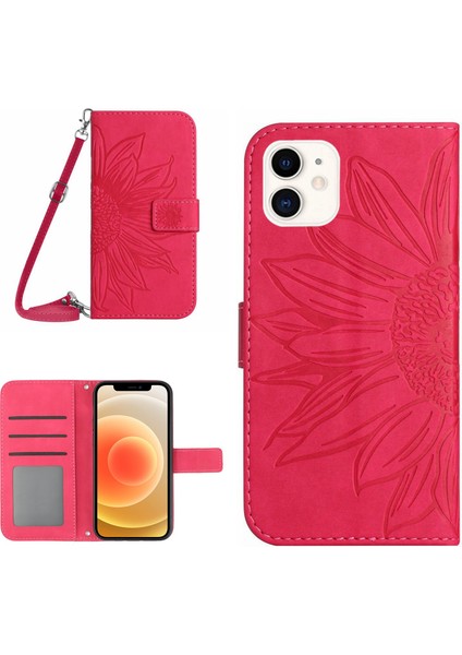 Apple Iphone 12 Mini 5.4 Inç HT04 Basılı Ayçiçeği Pu Deri Deri Touch Telefon Kılıfı Manyetik Kapatma Cüzdan Stand Kapağı Omuz Kayışı (Yurt Dışından)