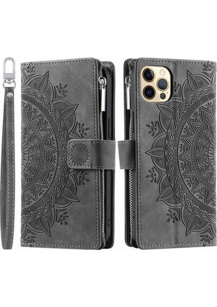 Apple Iphone 12 6.1 Inç / 12 Pro 6.1 Çizgi Anti-Çizelge Fermuarı Cep Cüzdan Kapak Stand Mandala Çiçeği Baskılı Pu Deri Telefon Kılıfı Birden Fazla Kart Yuvası ve Kayış (Yurt Dışından)