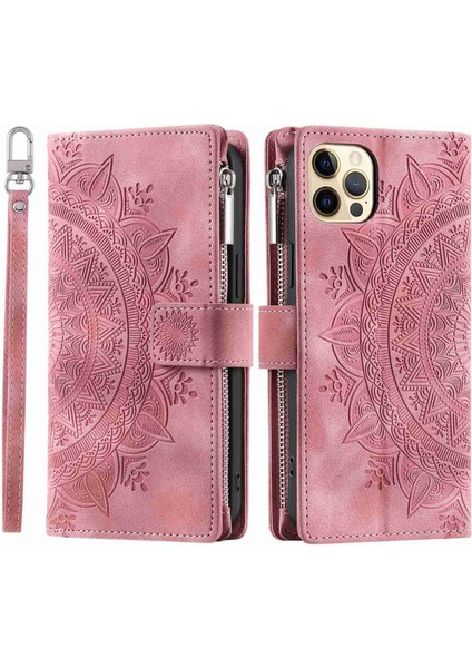 Apple Iphone 12 6.1 Inç / 12 Pro 6.1 Çizgi Anti-Çizelge Fermuarı Cep Cüzdan Kapak Stand Mandala Çiçeği Baskılı Pu Deri Telefon Kılıfı Birden Fazla Kart Yuvası ve Kayış (Yurt Dışından)
