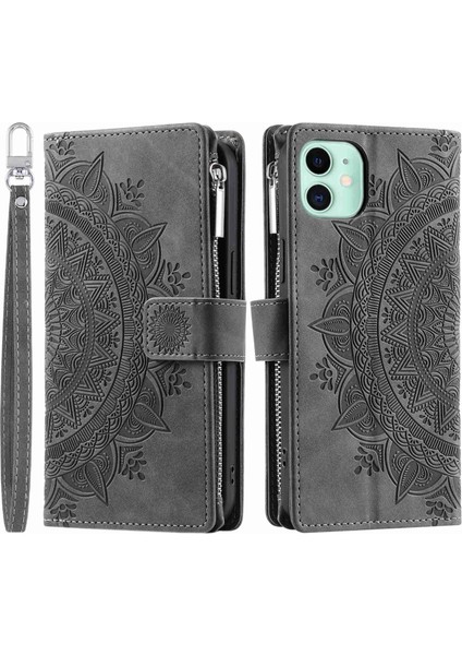 Xstep Case Apple Iphone 11 6.1 Inç Mandala Çiçek Baskılı Pu Deri Telefon Kapağı Birden Ferans Yuvası Ile Katlanabilir Stand Fermuar Cep Cüzdan Kılıfı (Yurt Dışından)