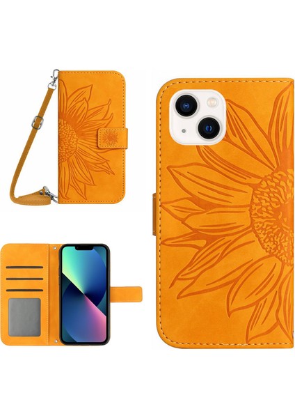 Apple Iphone 13 6.1 Inç Için HT04 Baskılı Ayçiçeği Cilt Touch Pu Deri + Tpu Kasa Stand Cüzdan Telefon Kapağı Omuz Kayışı Ile (Yurt Dışından)