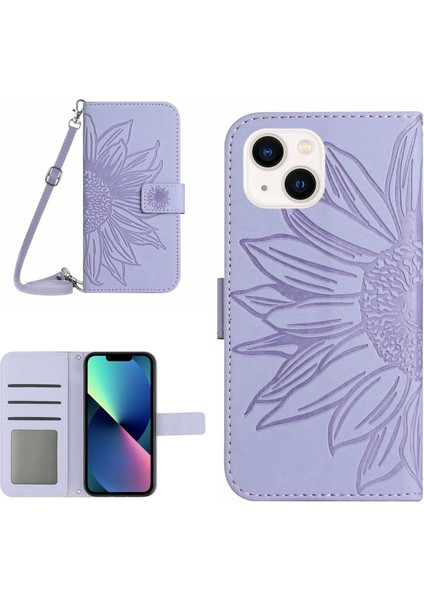 Apple Iphone 13 Mini 5.4 Inç HT04 Cilt Touch Pu Deri Basılı Basılı Ayçiçeği Standı Kılıf Anti-Çizelge Telefon Cüzdan Kapağı Omuz Kayışı (Yurt Dışından)