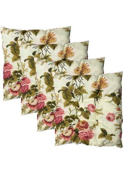 Dekoratif Pofidik Puf Sandalye Minderi Kare 35X35X7 Cm-Ingiliz Gülü(4 Adet)