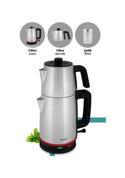 Selvi 2200 Watt Çift Isıtıcılı Paslanmaz Çelik Çay Makinesi ve Su Isıtıcısı