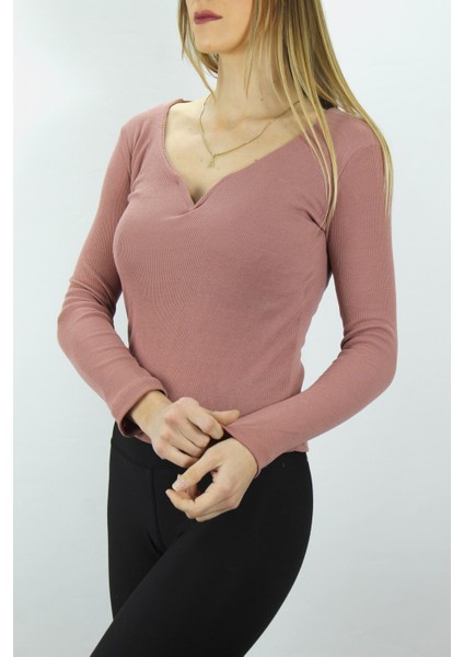 V Yaka Klipsli Bluz Pudra fiyatları