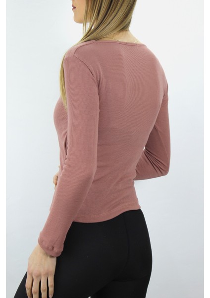V Yaka Klipsli Bluz Pudra modelleri