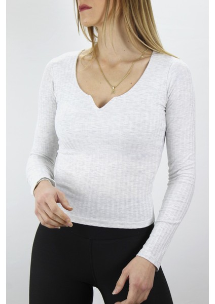V Yaka Klipsli Bluz Açıkgri