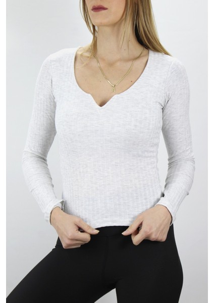 V Yaka Klipsli Bluz Açıkgri fiyatları