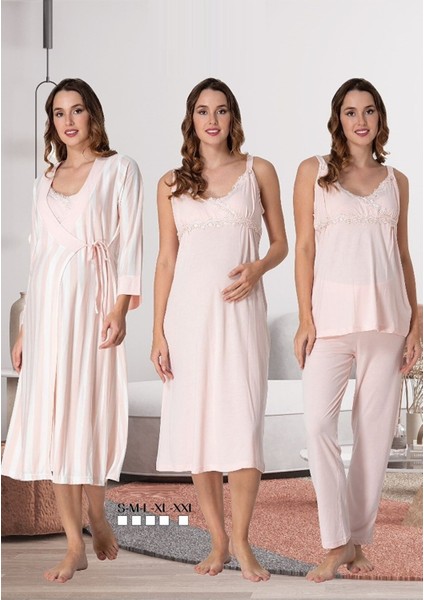 Effortt Kadın Pijama Takımı Gecelik Sabahlık Lohusa Hamile 4'lü Set 9036