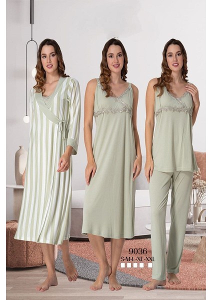Effortt Kadın Pijama Takımı Gecelik Sabahlık Lohusa Hamile 4'lü Set 9036