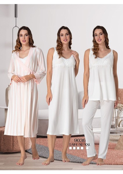 Effortt Kadın Pijama Takımı Gecelik Sabahlık Lohusa Hamile 4'lü Set 9036