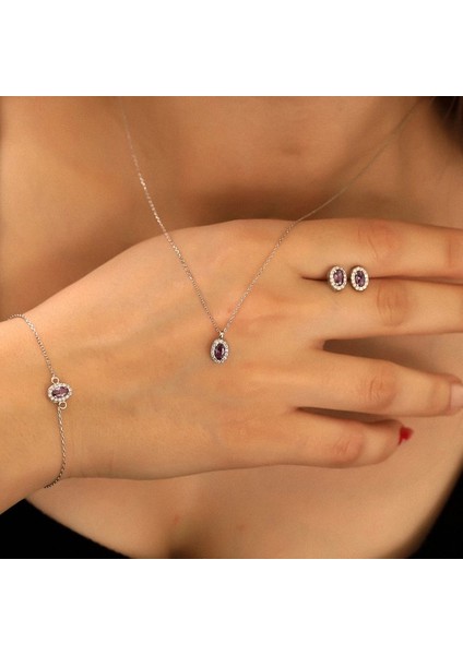 925 Ayar Gümüş Ametist Taşlı Oval Set