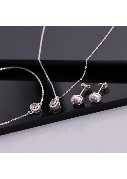 925 Ayar Gümüş Ametist Taşlı Oval Set