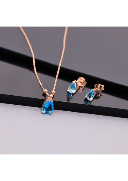 925 Ayar Gümüş Aquamarine Taşlı Dorikalı Damla Set fırsatları