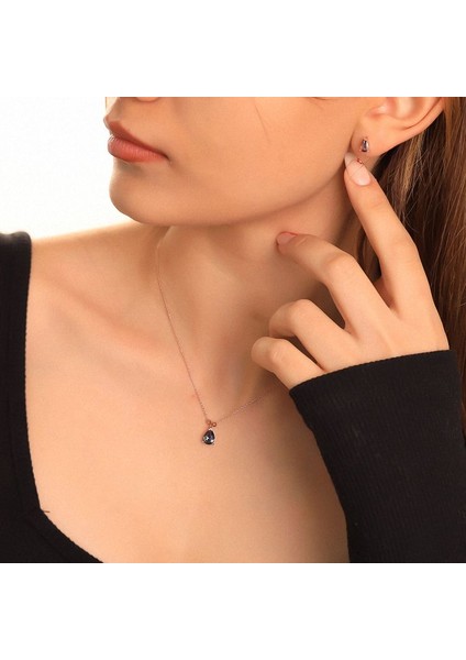 925 Ayar Gümüş Mistik Topaz Taşlı Damla Kolye Küpe Set