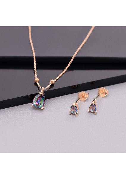 925 Ayar Gümüş Mistik Topaz Taşlı Damla Kolye Küpe Set