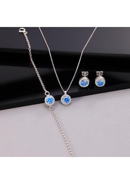 925 Ayar Gümüş Aquamarine Taşlı Yuvarlak Set