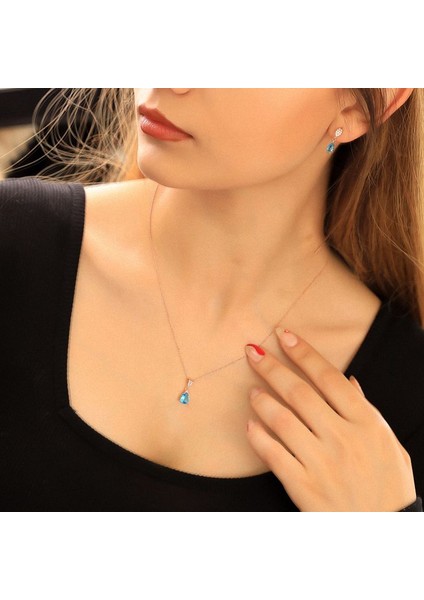 925 Ayar Gümüş Aquamarine Taşlı Damla Set modelleri