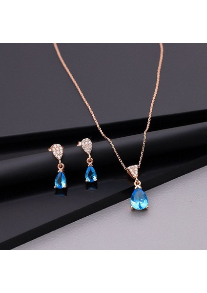 925 Ayar Gümüş Aquamarine Taşlı Damla Set fırsatları