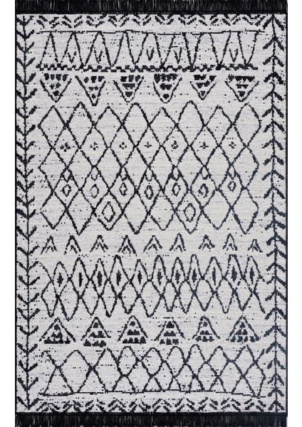 120X180 Siyah Beyaz Ponponlu Mistik Desenli Dokuma Kilim