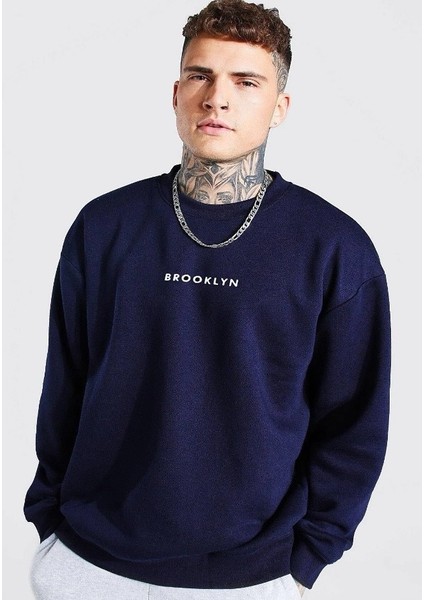 Lacivert Brooklyn Baskılı Sweat