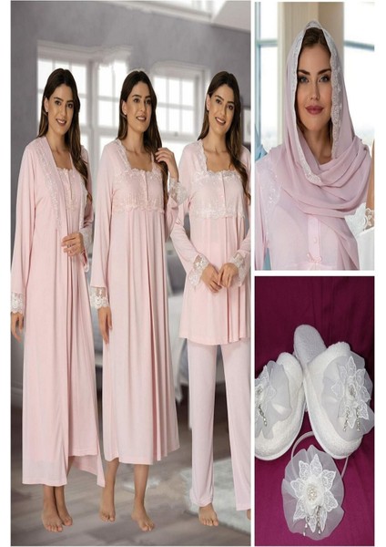 Effort Kadın Pembe Lohusa Hamile Gecelik Pijama Takımı Sabahlık Taç Terlik Şal 7'li Set 2405