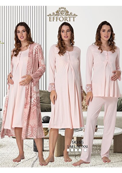 Effortt Kadın Lohusa Hamile Sabahlıklı Gecelik ve Pijama Takımı 4'lü Set 9046