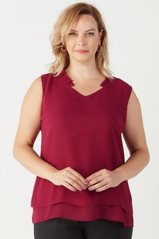 Moda Berray 3241 Yaka Fırfırlı Kolsuz Büyük Beden Şık Bluz Mürdüm