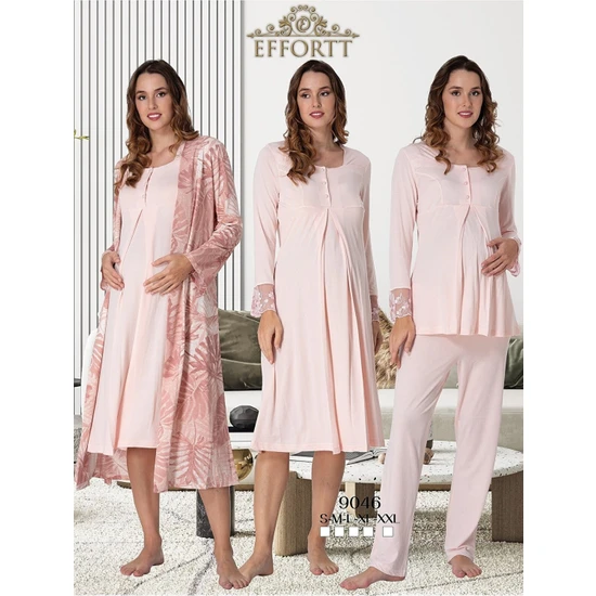 Puerpera Effortt Kadın Lohusa Hamile Sabahlıklı Gecelik ve Pijama Takımı 4'lü Set 9046