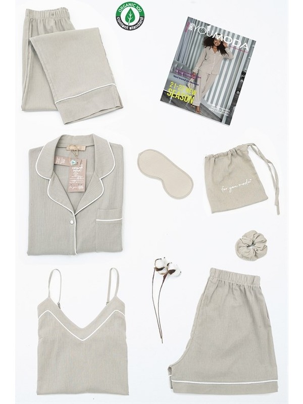 For You Moda Kadın Organik 7 li Beyaz Biyeli Pijama Takımı Taş S26746
