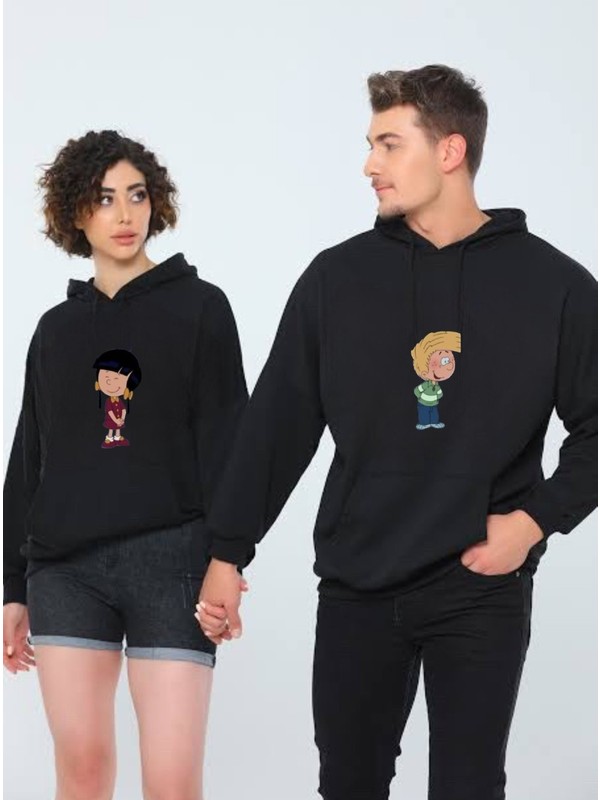Laluvia Cedric ve Chen Baskılı Siyah Kapüşonlu Çift Kombini Sweatshirt