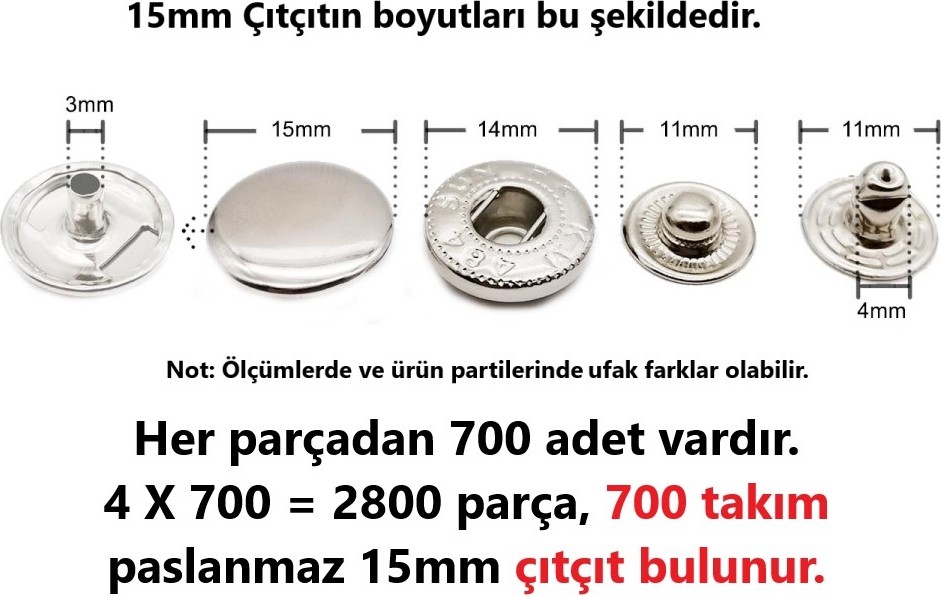 Tuhafiyeci miz 700 Adet 15MM Paslanmaz Büyük Çıtçıt (Kalıpsızdır) [antrasit Renk] görsel 3