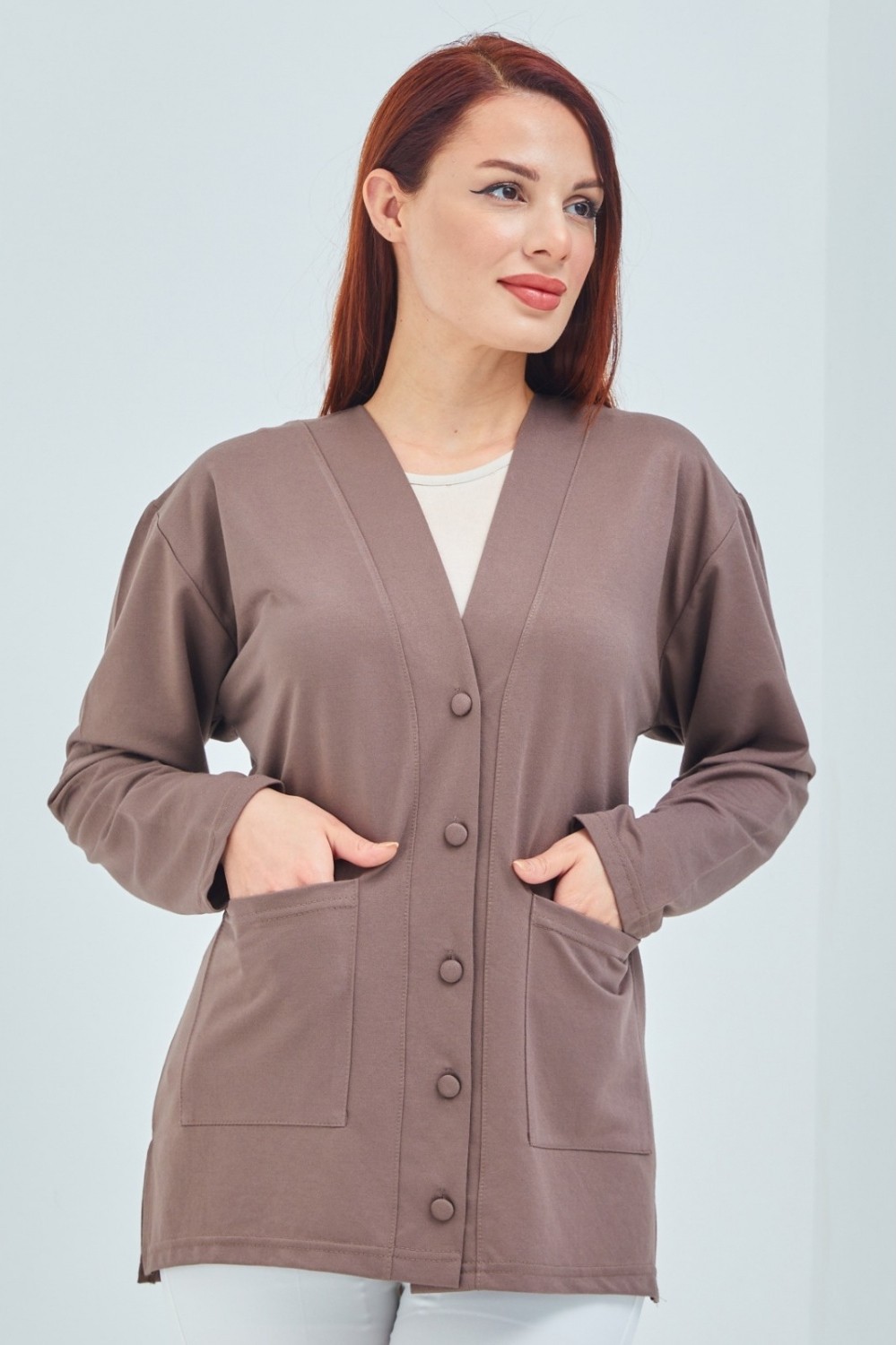 Fresh Moda Kadın Vizon Mevsimlik Cepli Düğmeli Kısa Penye Hırka