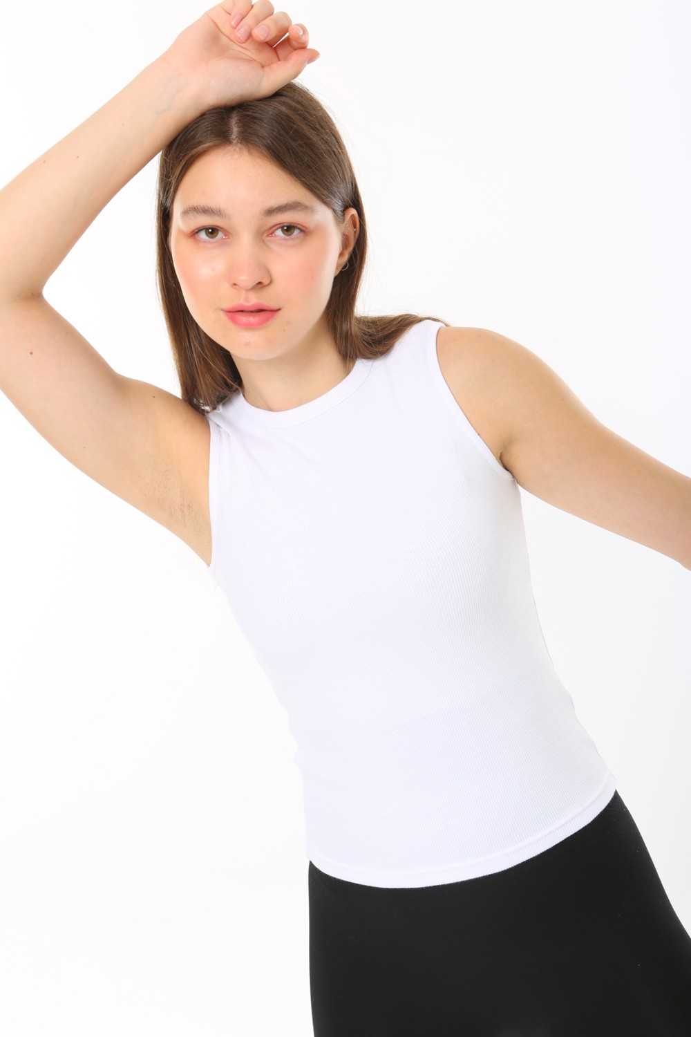 CHEISU Kadın Beyaz Sıfır Kol Bisiklet Yaka T-shirt Bluz Body Atlet Fitilli Kaşkorse görsel 8