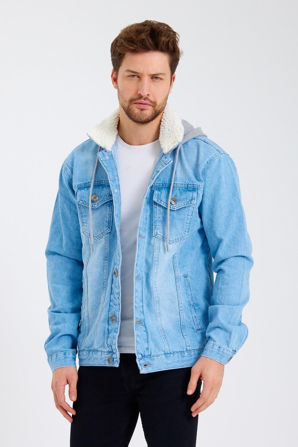 Damga Erkek Denim Günlük Kapşonlu Gri Kot Ceket