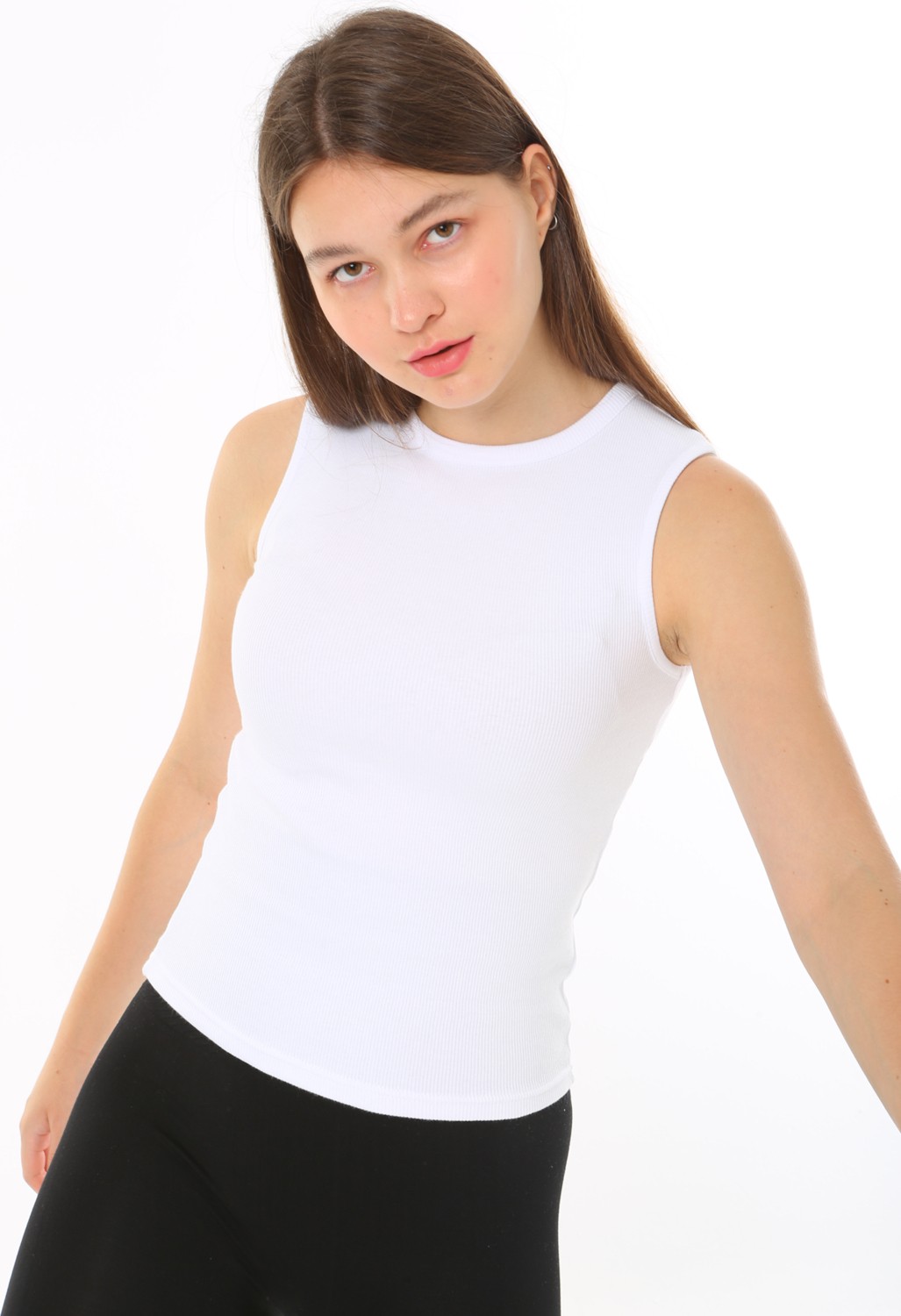 CHEISU Kadın Beyaz Sıfır Kol Bisiklet Yaka T-shirt Bluz Body Atlet Fitilli Kaşkorse görsel 6